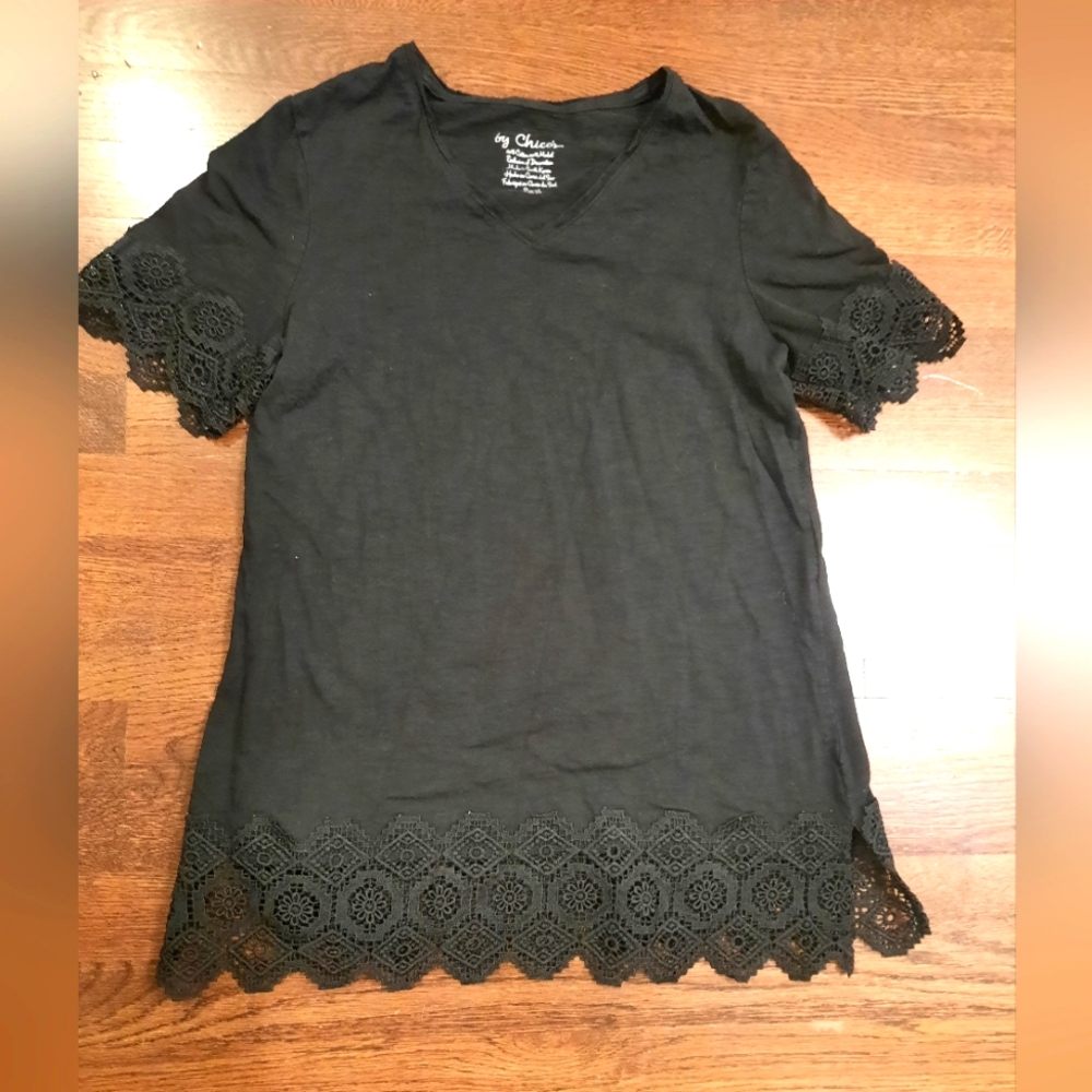 Chico's black tunic top with lace like design size Small